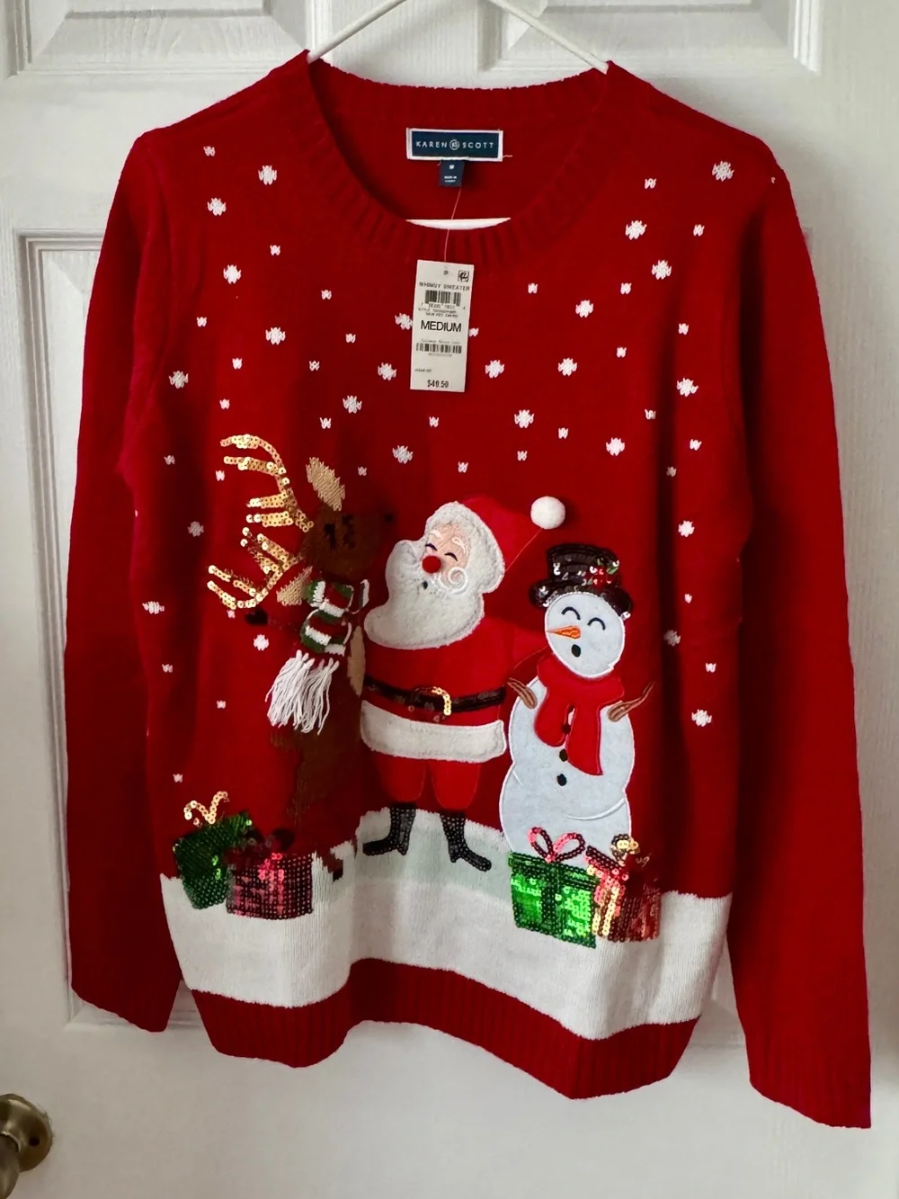 Karen Scott Red Crewneck Holiday Sweater with Santa, Snowman & Reindeer